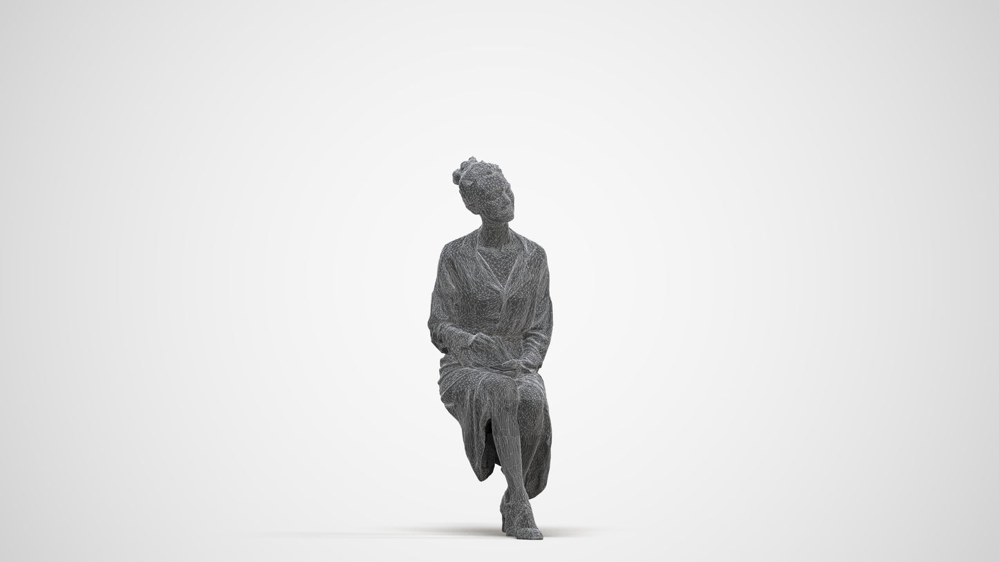3D scanned woman sitting business, photorealistic archviz people for Enscape and SketchUp, three-quarter front view render