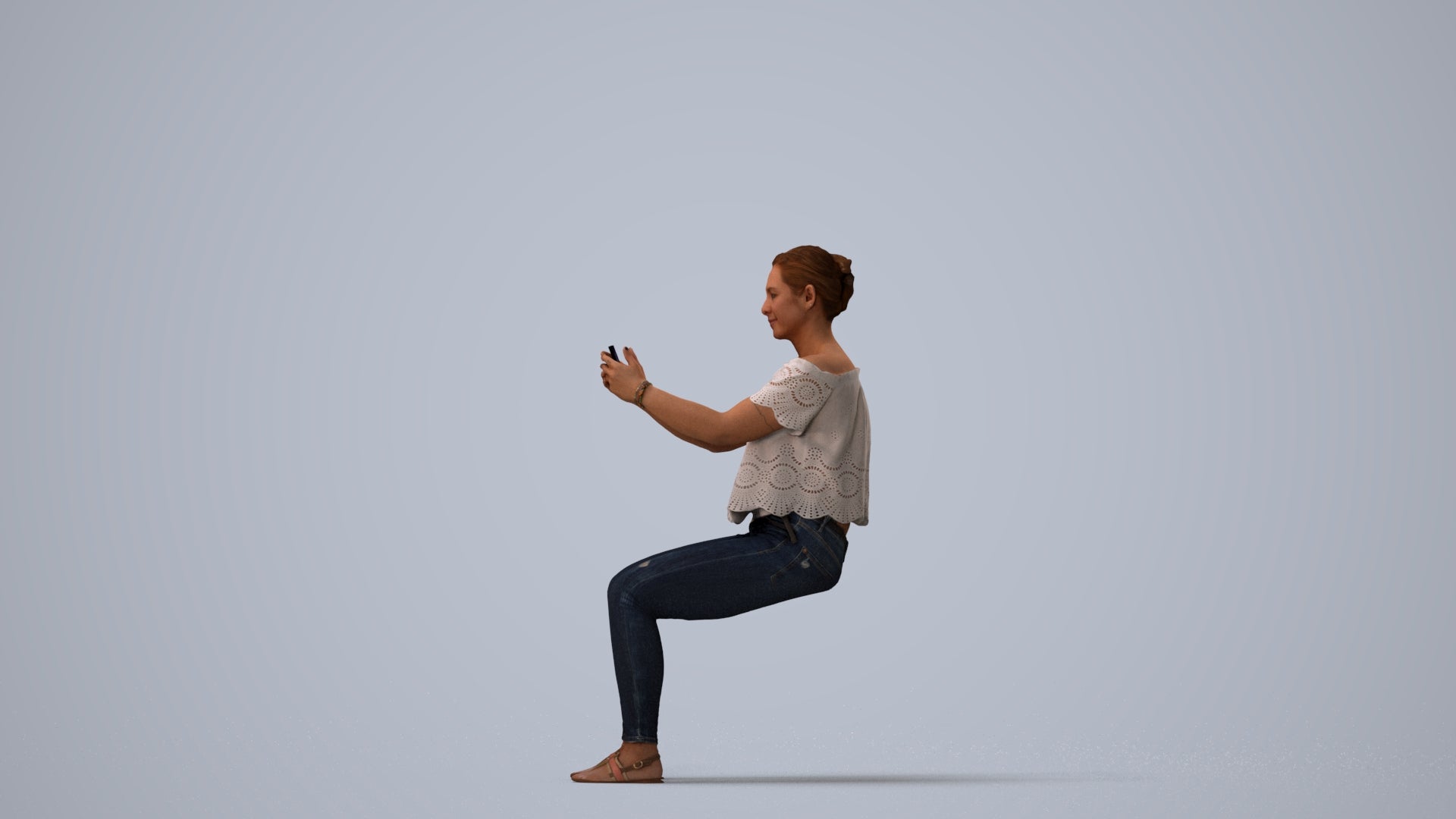 photogrammetry 3D woman casual sitting, realistic human model archviz FBX, three-quarter view render