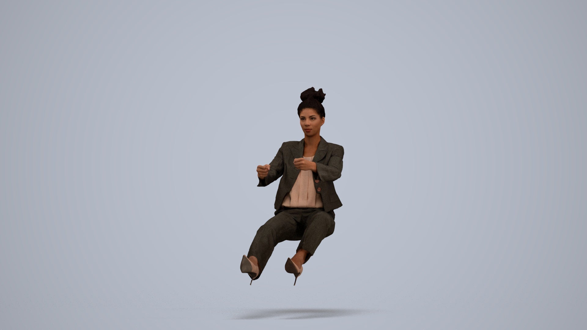 3D human model woman business driving, photogrammetry scanned person for archviz, standing pose render