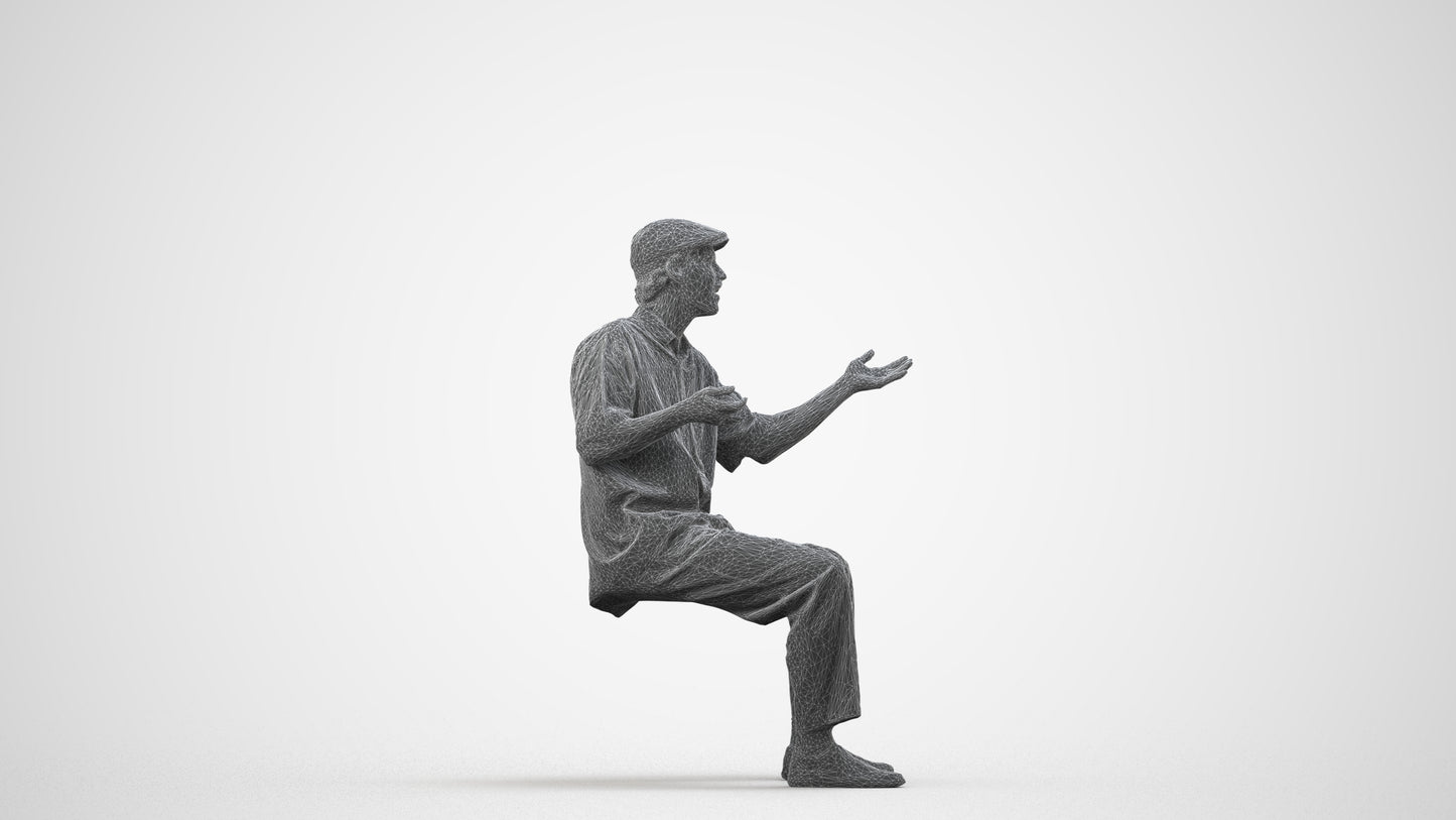 realistic 3D man casual sitting, scanned archviz people for Blender and 3ds Max, wireframe side view