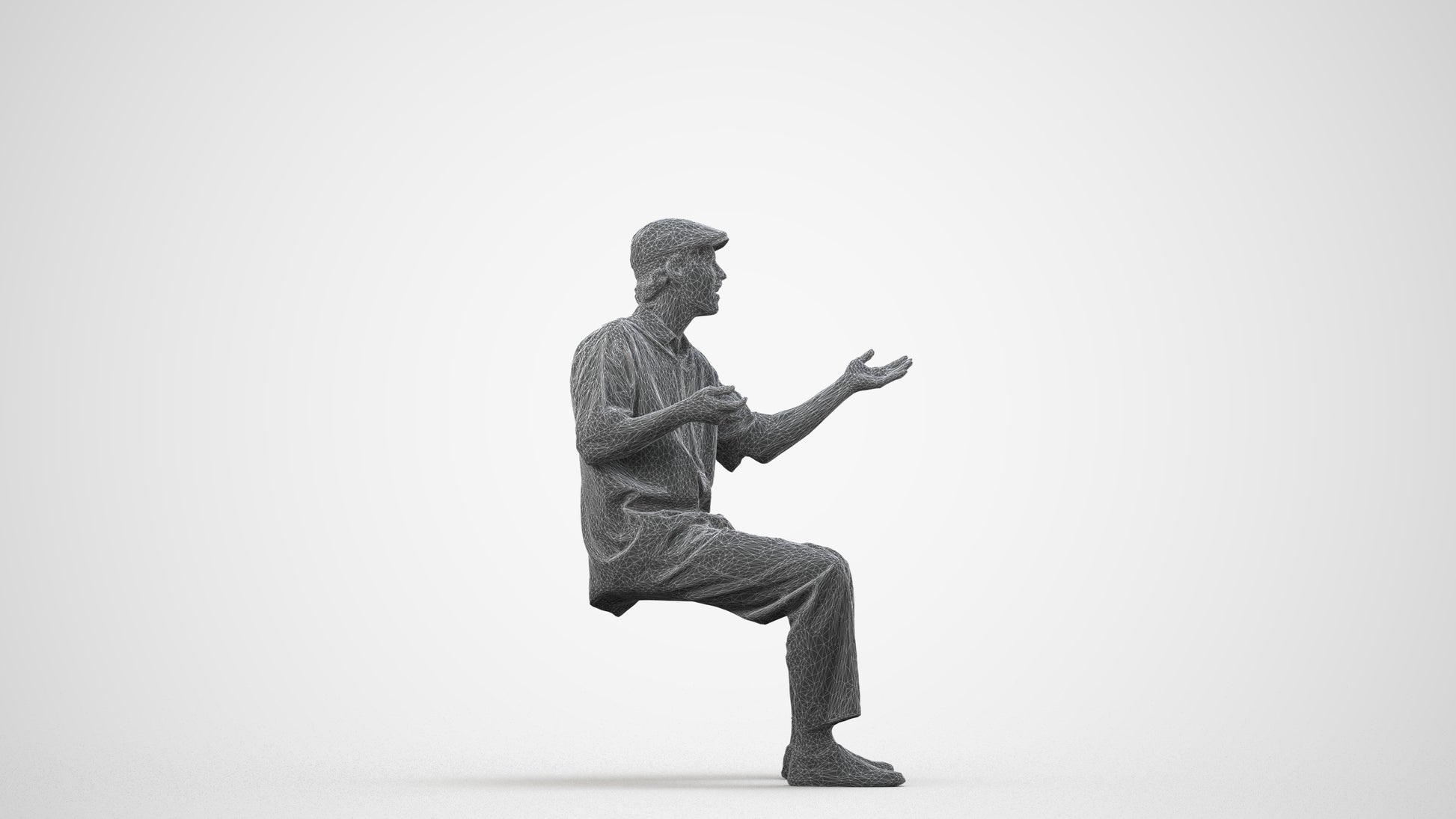 realistic 3D man casual sitting, scanned archviz people for Blender and 3ds Max, wireframe side view