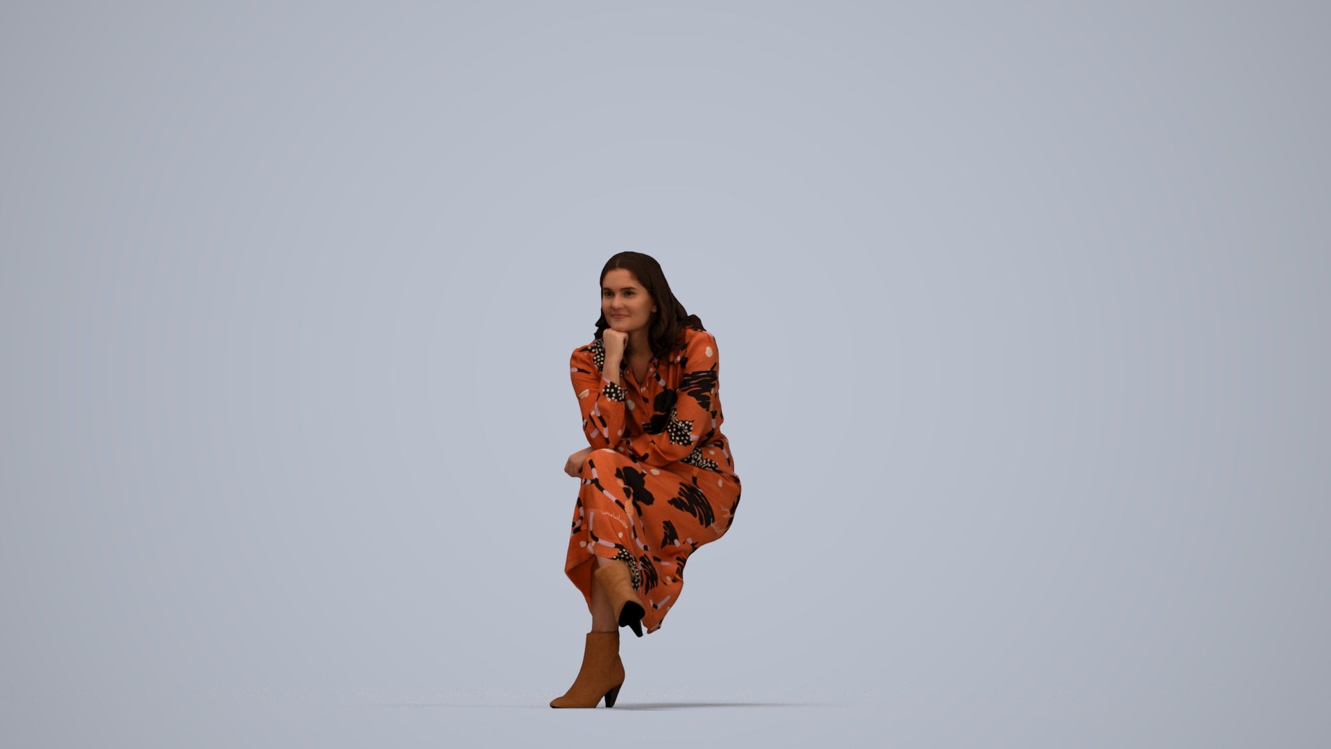 3D scanned woman sitting casual, photorealistic archviz people for Enscape and SketchUp, top-down view render