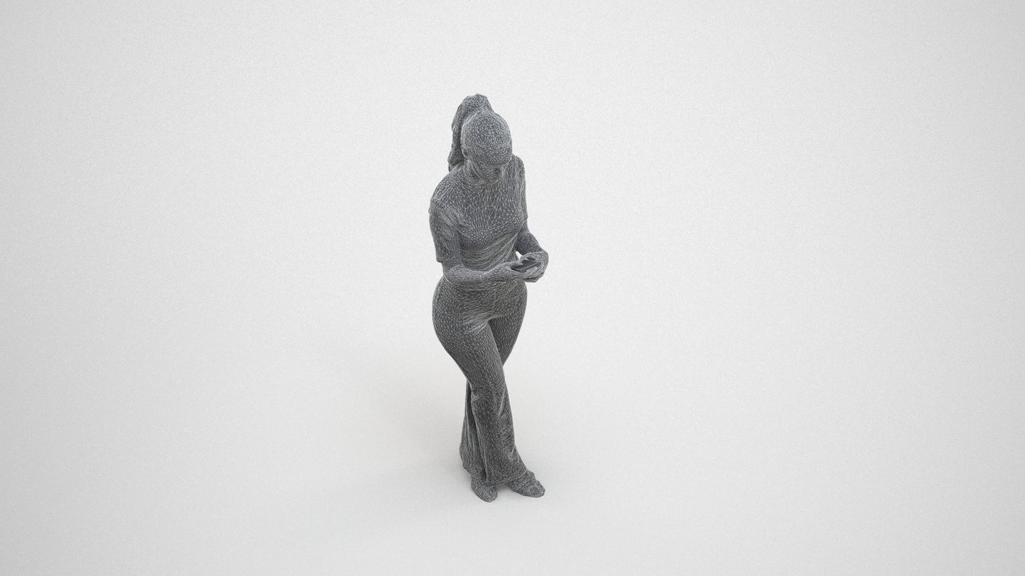 scanned 3D woman casual standing, photogrammetry people for Enscape and V-Ray, wireframe three-quarter view