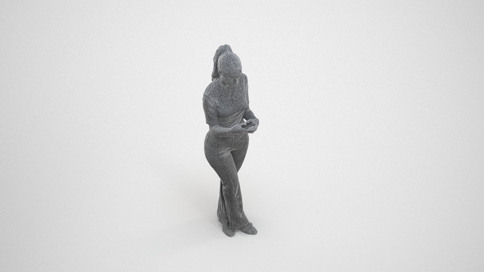 scanned 3D woman casual standing, photogrammetry people for Enscape and V-Ray, wireframe three-quarter view