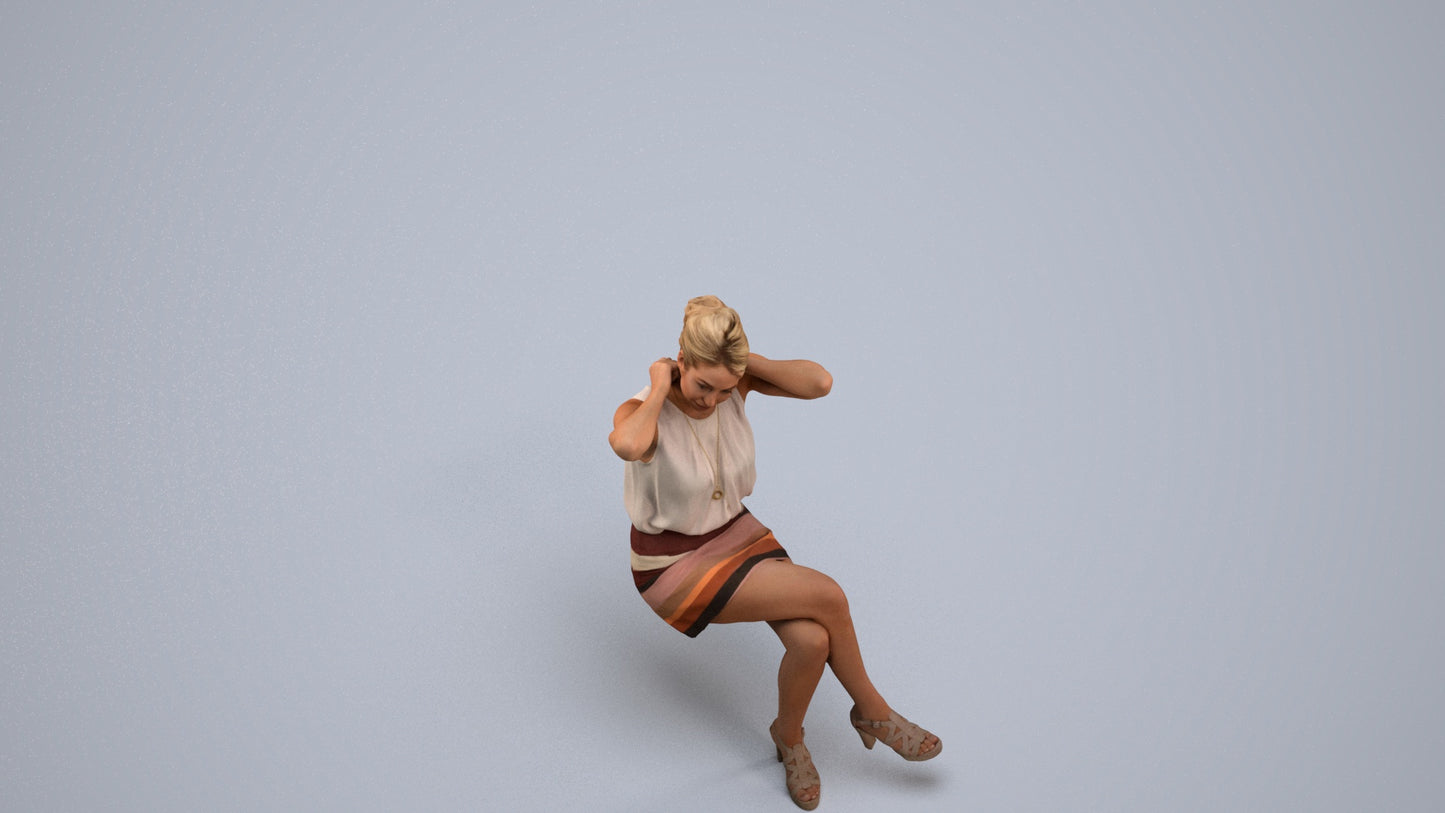 realistic 3D woman casual sitting, scanned archviz people for Blender and 3ds Max, back view render