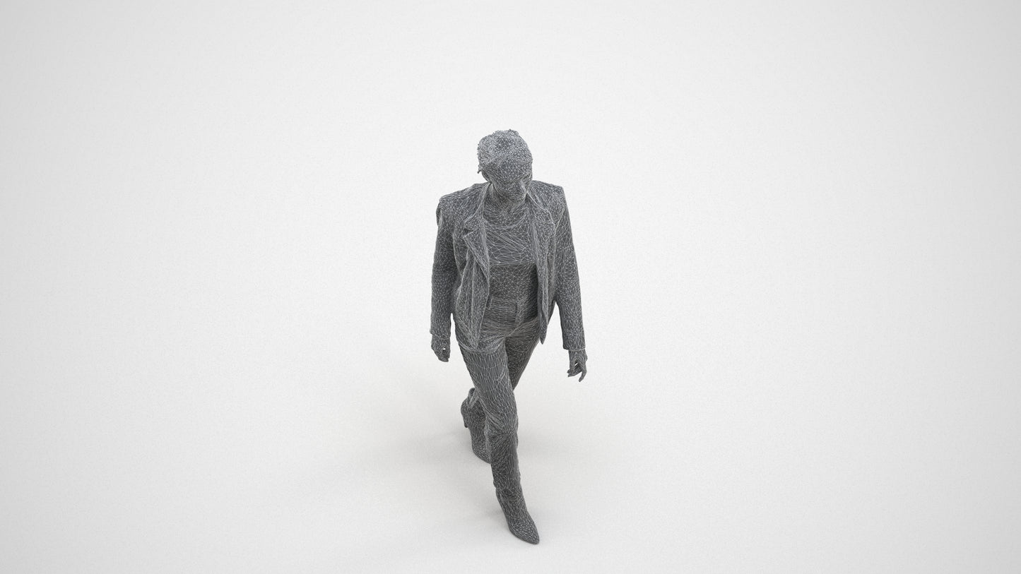 3D scanned woman walking business, photorealistic archviz people for Enscape and SketchUp, wireframe three-quarter view