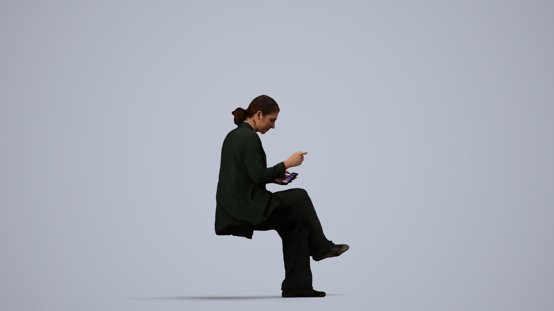 3D human model woman business, photogrammetry scanned person for archviz, side view render