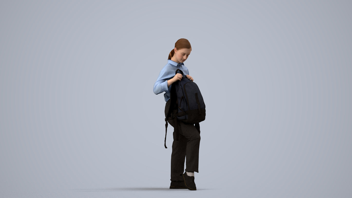 realistic 3D human girl kids, archviz people FBX OBJ for Blender, side view render