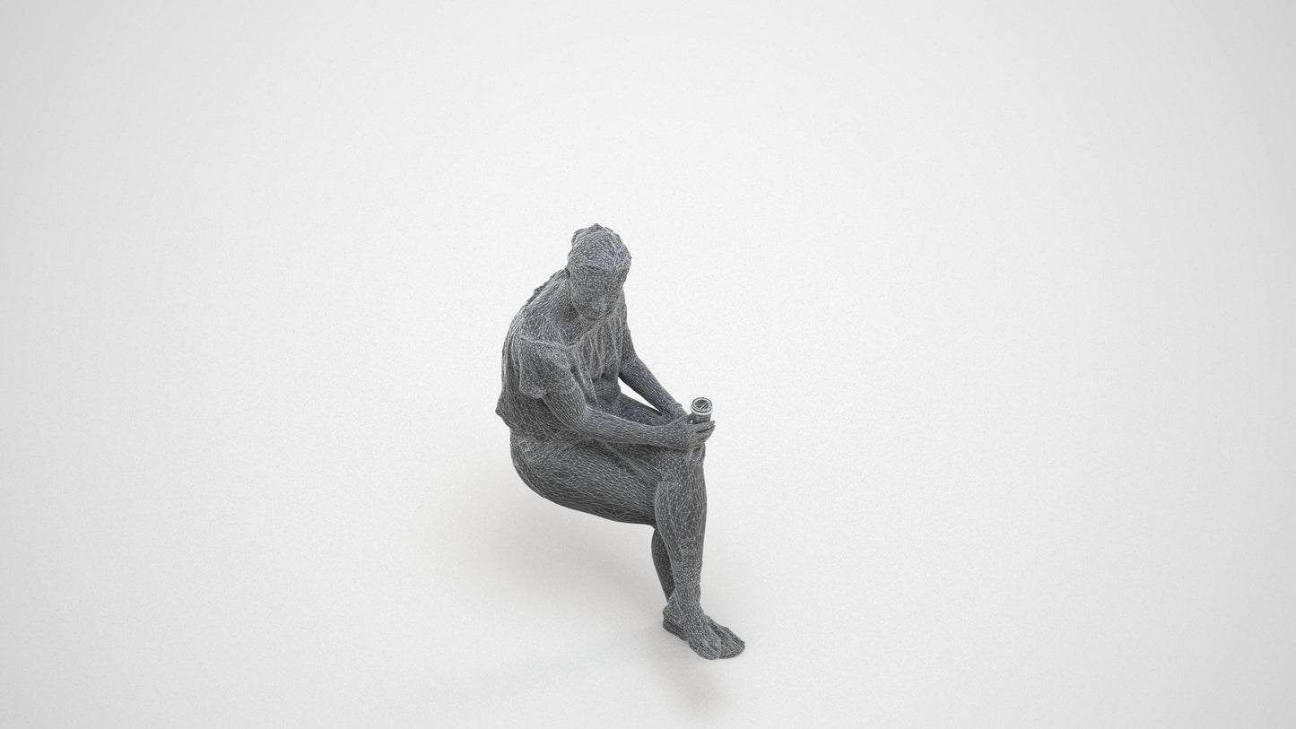 3D people model woman casual sitting, scanned human for 3ds Max rendering, wireframe three-quarter view