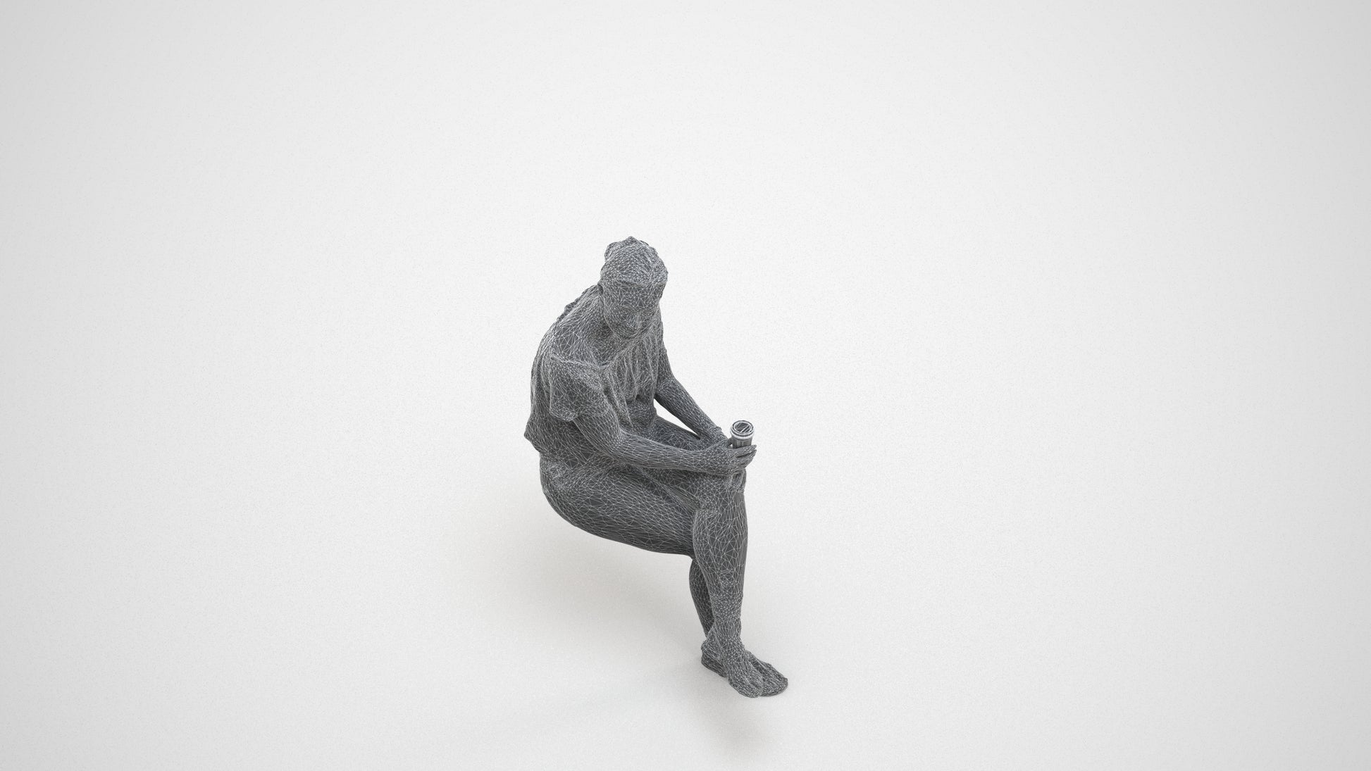 3D people model woman casual sitting, scanned human for 3ds Max rendering, wireframe three-quarter view
