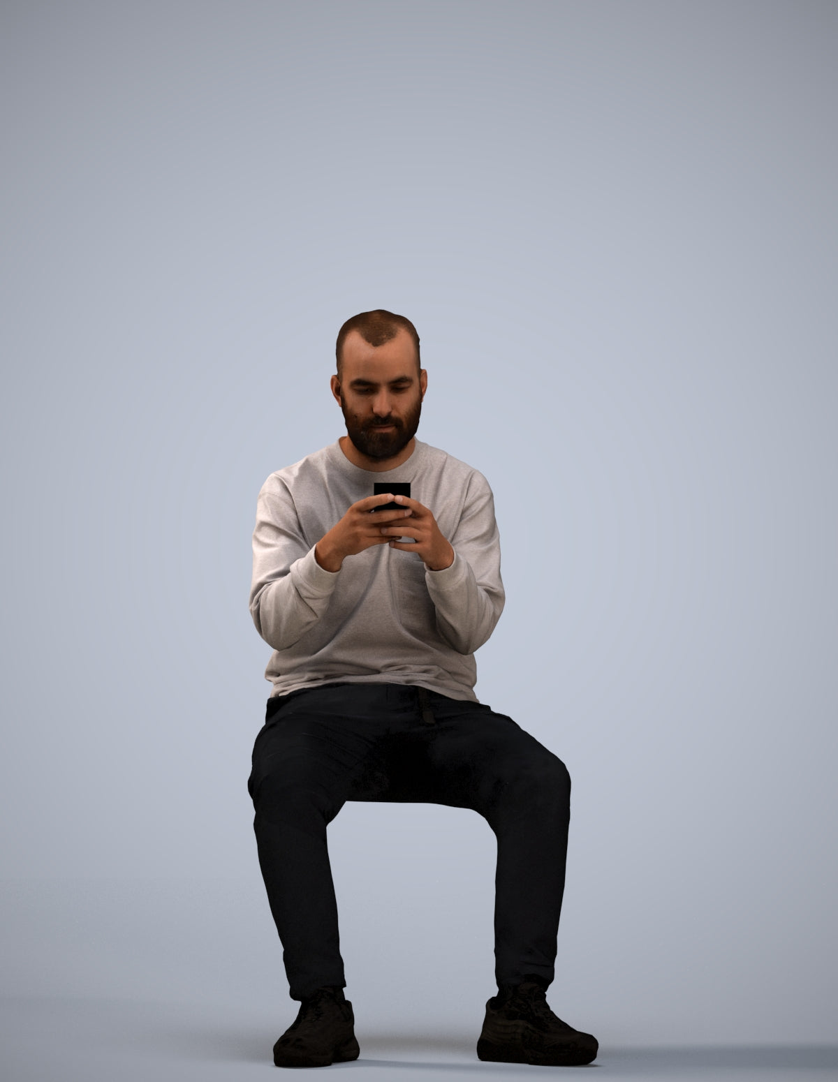 3D human model man casual sitting, photogrammetry scanned person for archviz