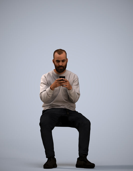 3D human model man casual sitting, photogrammetry scanned person for archviz