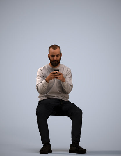 3D human model man casual sitting, photogrammetry scanned person for archviz