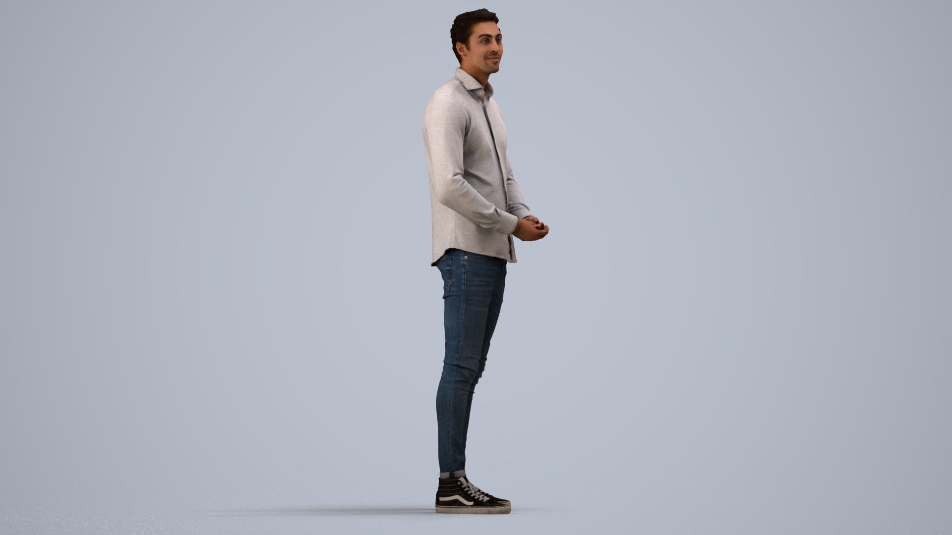 realistic 3D human man casual standing, archviz people FBX OBJ for Blender, side view render