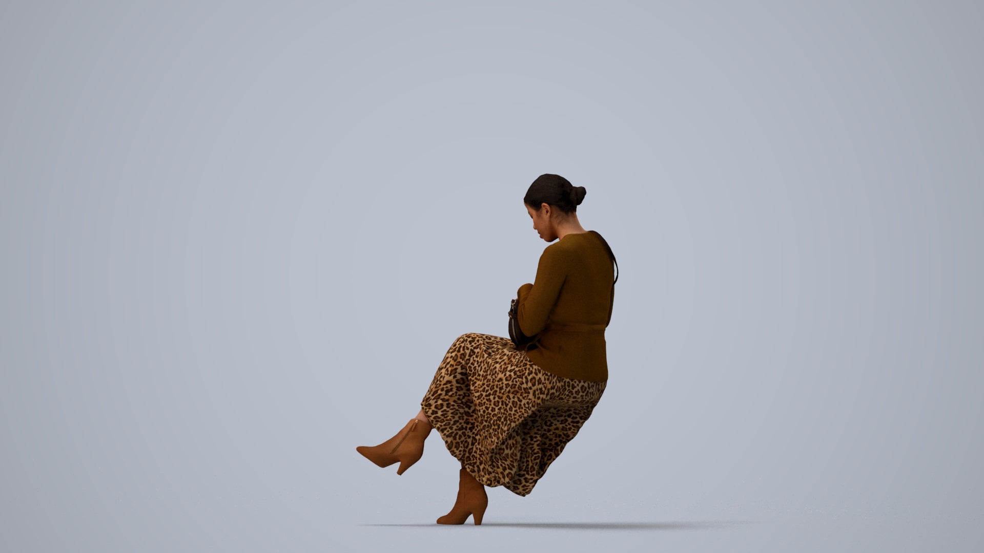realistic 3D human woman casual sitting, archviz people FBX OBJ for Blender, three-quarter view render