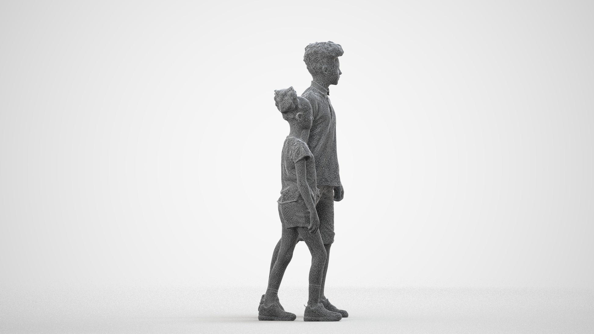 3D human model girl casual kids, photogrammetry scanned person for archviz, wireframe side view