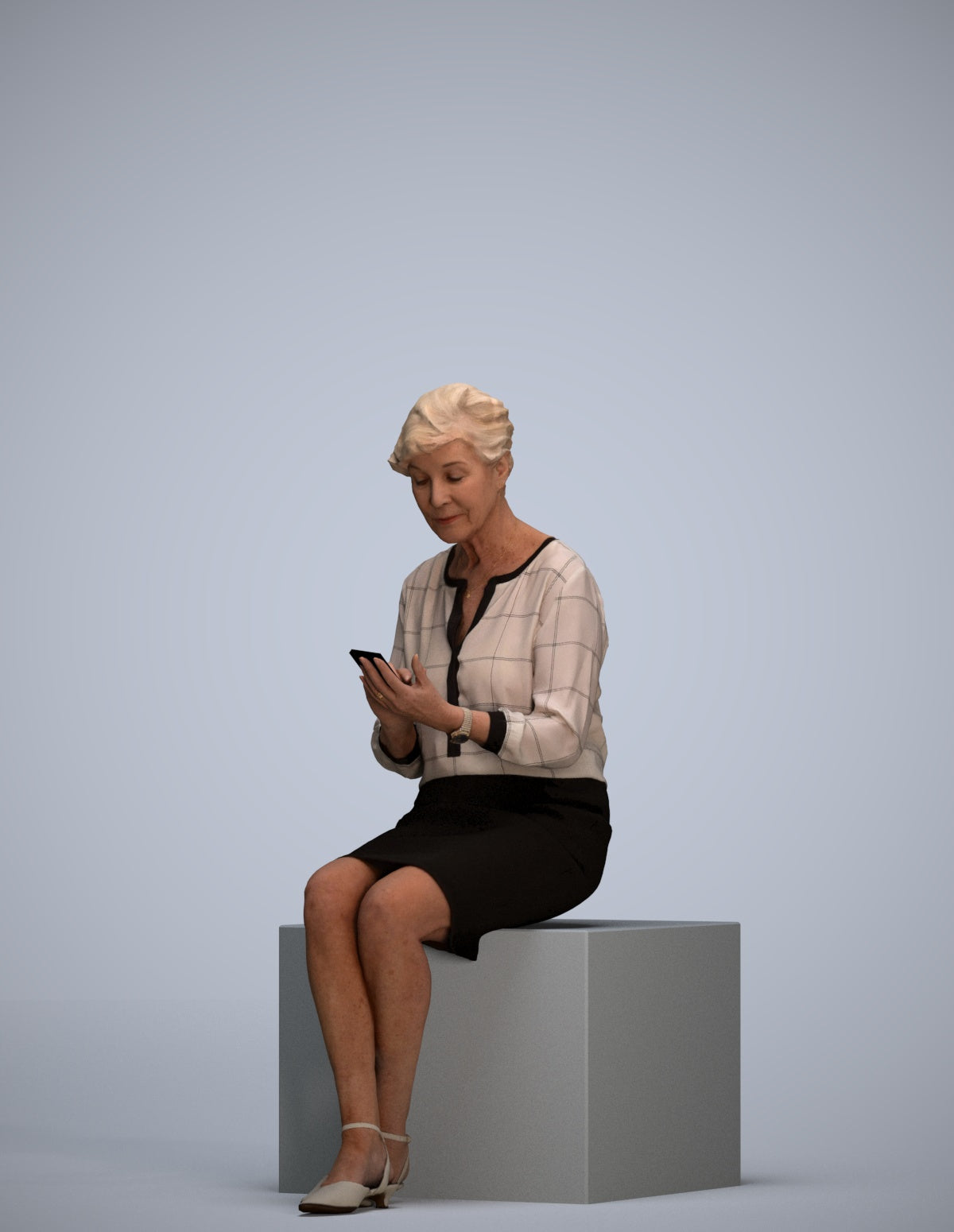 scanned 3D senior woman business sitting, photogrammetry people for Enscape and V-Ray