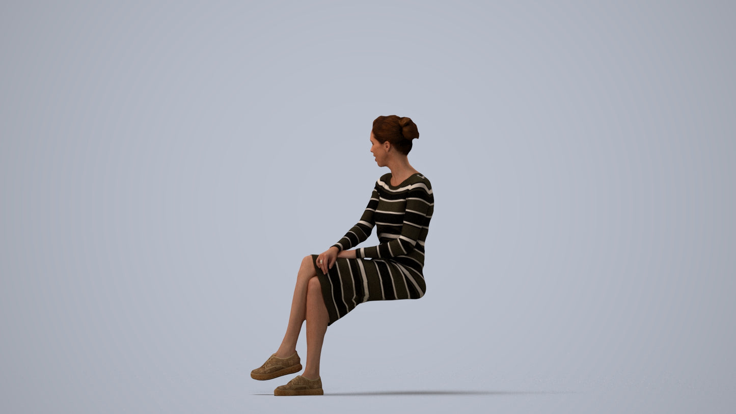 3D scanned woman sitting casual, photorealistic archviz people for Enscape and SketchUp, three-quarter view render