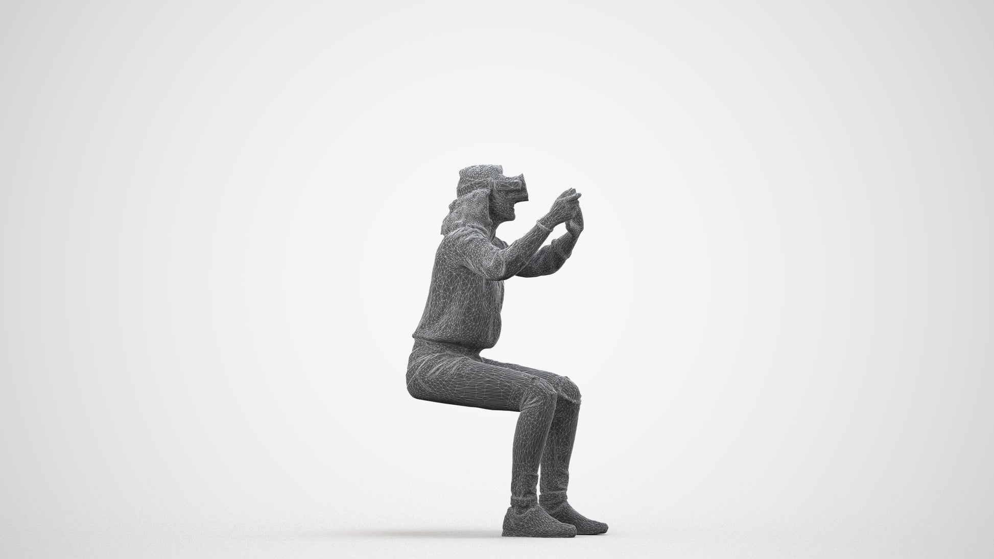 scanned 3D woman casual sitting, photogrammetry people for Enscape and V-Ray, wireframe side view
