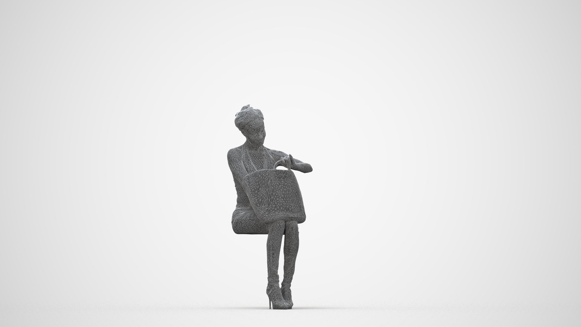 realistic 3D people woman casual sitting, render-ready for V-Ray and Corona, FBX OBJ, wireframe back view