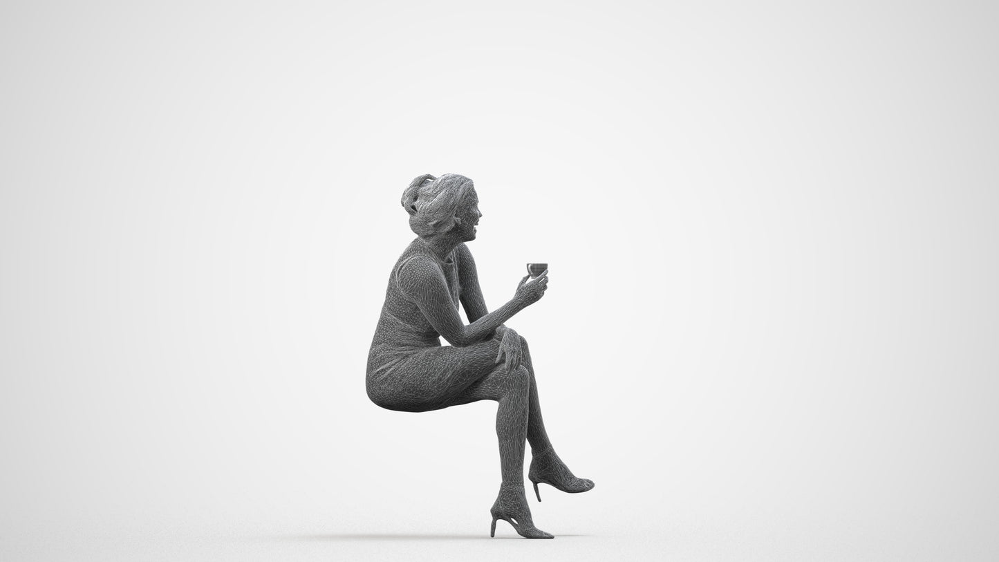 3D people model woman casual sitting, scanned human for 3ds Max rendering, wireframe side view