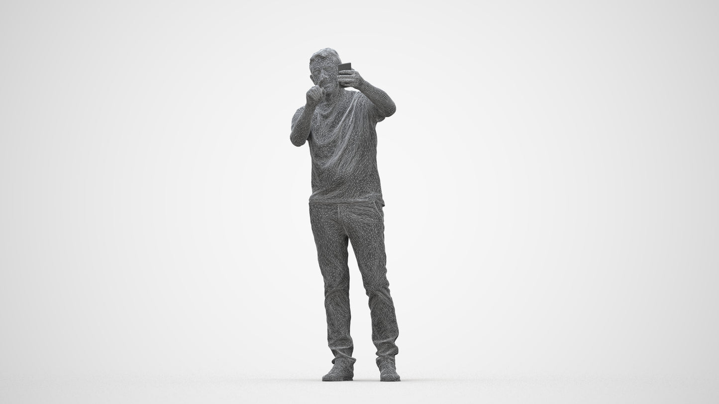 3D human model senior man casual standing, photogrammetry scanned person for archviz, wireframe back view