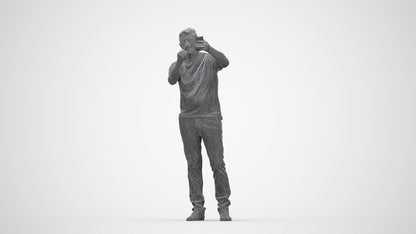 3D human model senior man casual standing, photogrammetry scanned person for archviz, wireframe back view