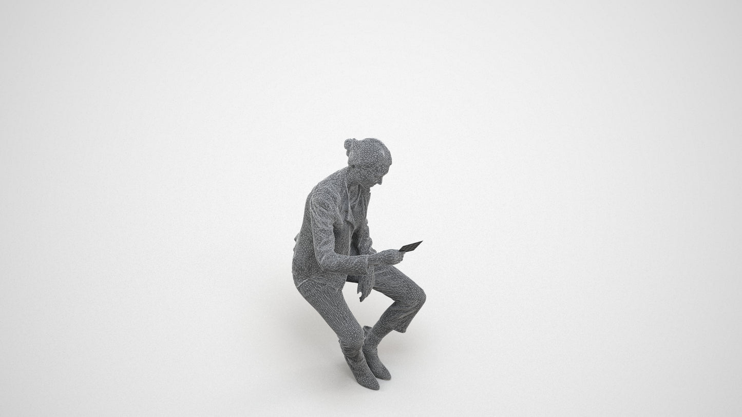 realistic 3D woman business sitting, scanned archviz people for Blender and 3ds Max, wireframe three-quarter view