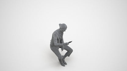 realistic 3D woman business sitting, scanned archviz people for Blender and 3ds Max, wireframe three-quarter view
