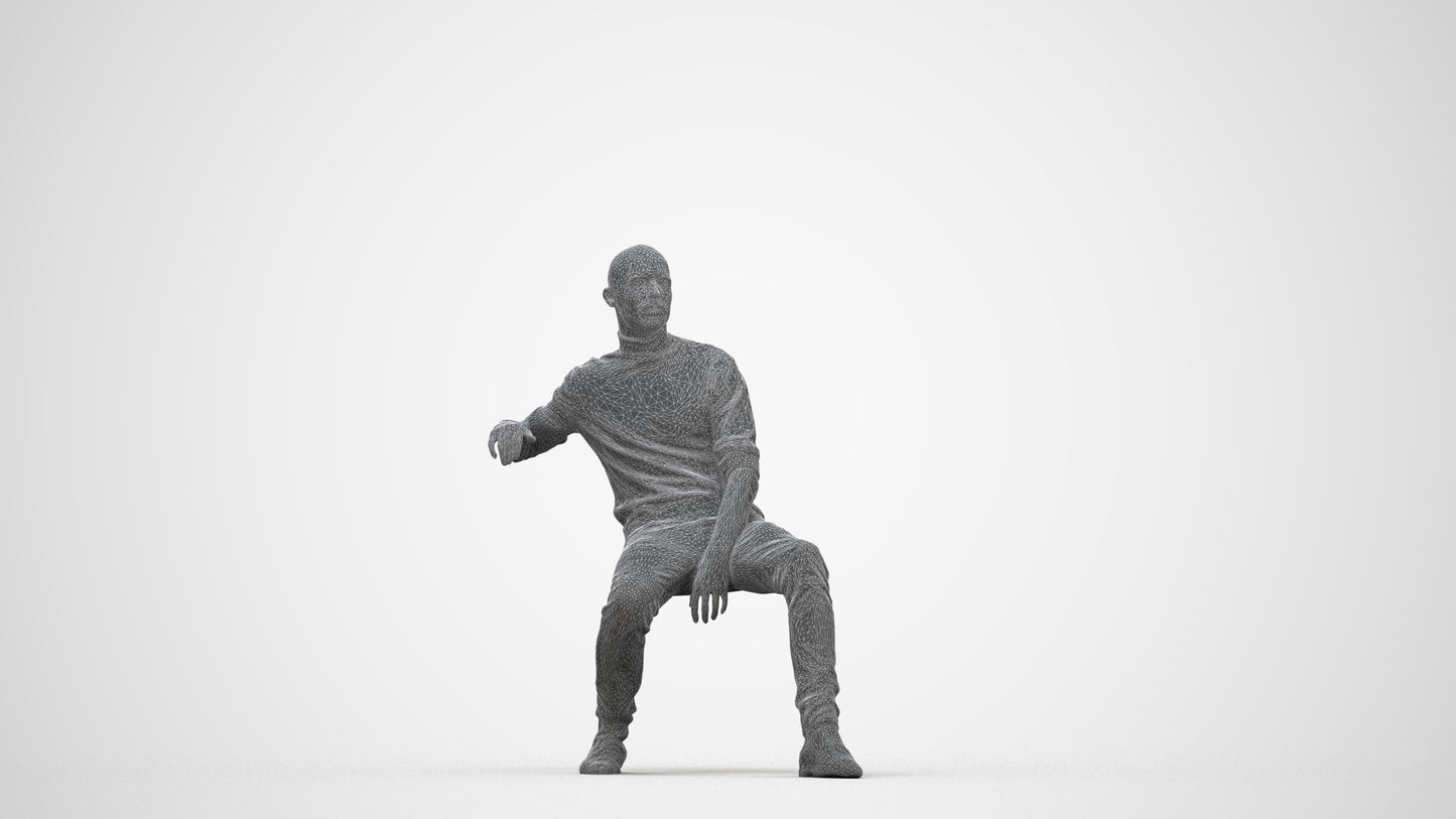 3D human model man casual sitting, photogrammetry scanned person for archviz, wireframe back view