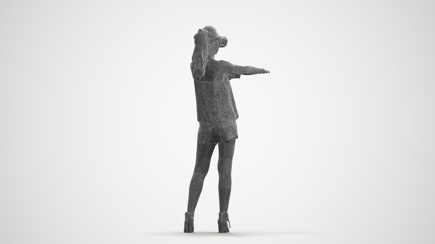 scanned 3D girl casual standing, photogrammetry people for Enscape and V-Ray, wireframe front view
