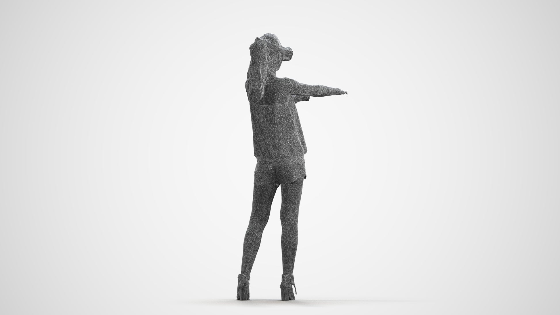 scanned 3D girl casual standing, photogrammetry people for Enscape and V-Ray, wireframe front view