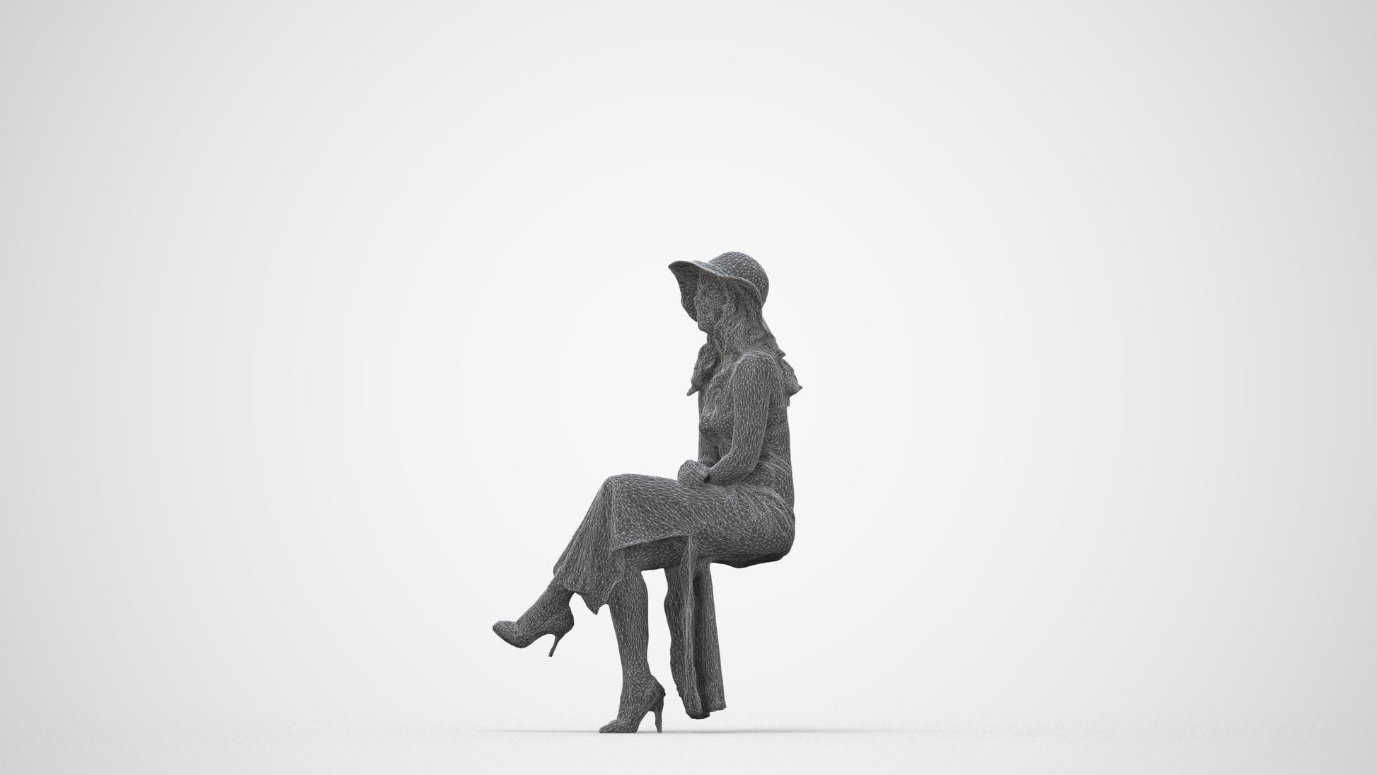 scanned 3D woman casual sitting, photogrammetry people for Enscape and V-Ray, wireframe back view
