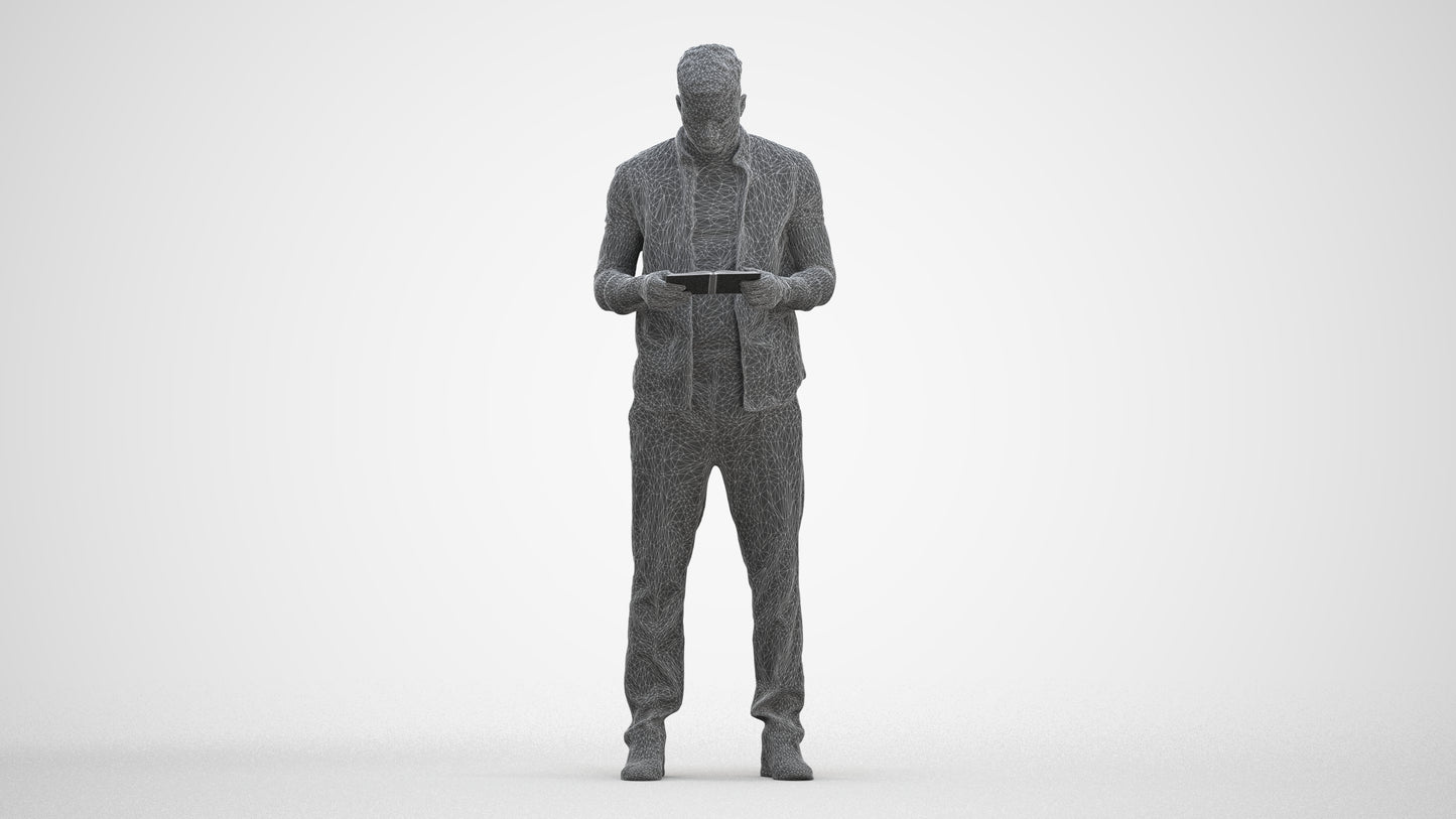 3D human model man casual standing, photogrammetry scanned person for archviz, three-quarter front view render