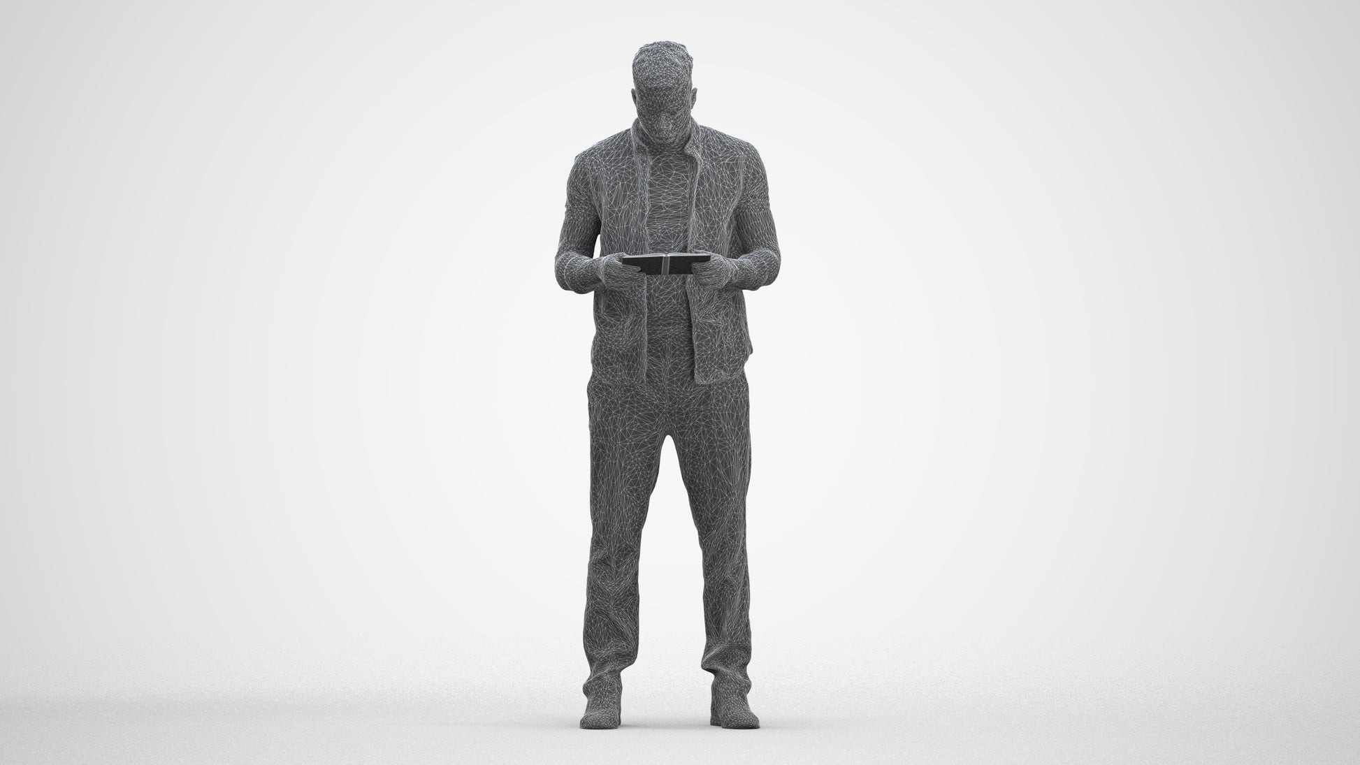 3D human model man casual standing, photogrammetry scanned person for archviz, three-quarter front view render