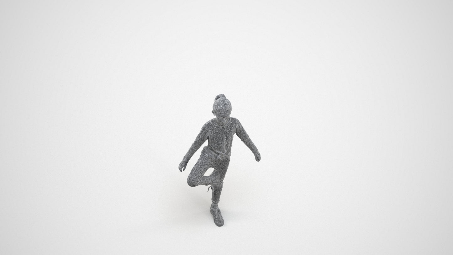 scanned 3D girl sport kids, photogrammetry people for Enscape and V-Ray, wireframe three-quarter view