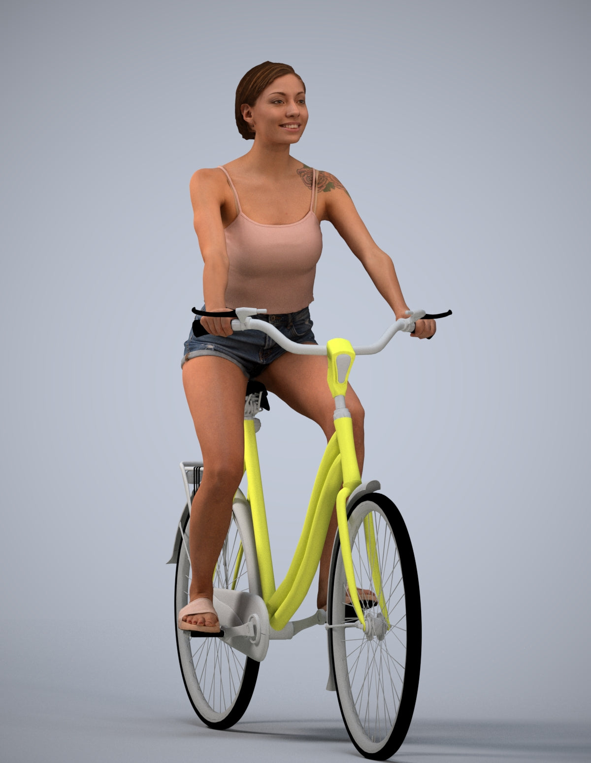 3D human model woman casual cycling, photogrammetry scanned person for archviz