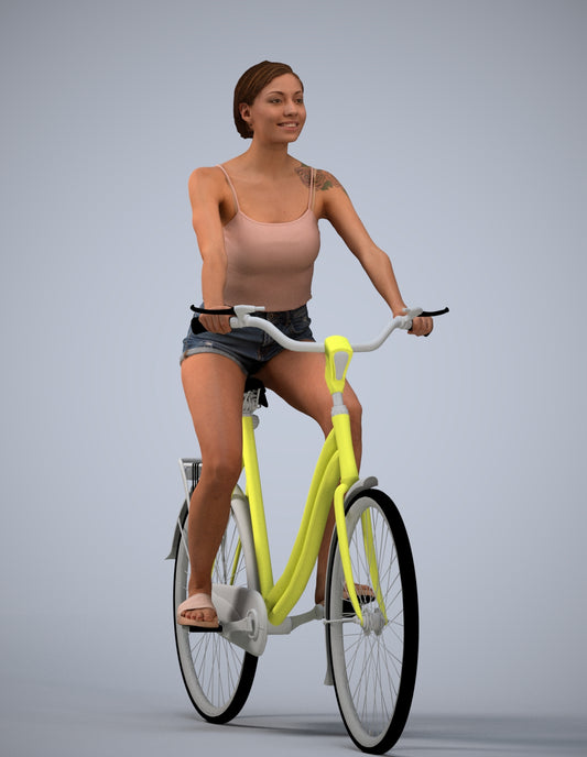 3D human model woman casual cycling, photogrammetry scanned person for archviz