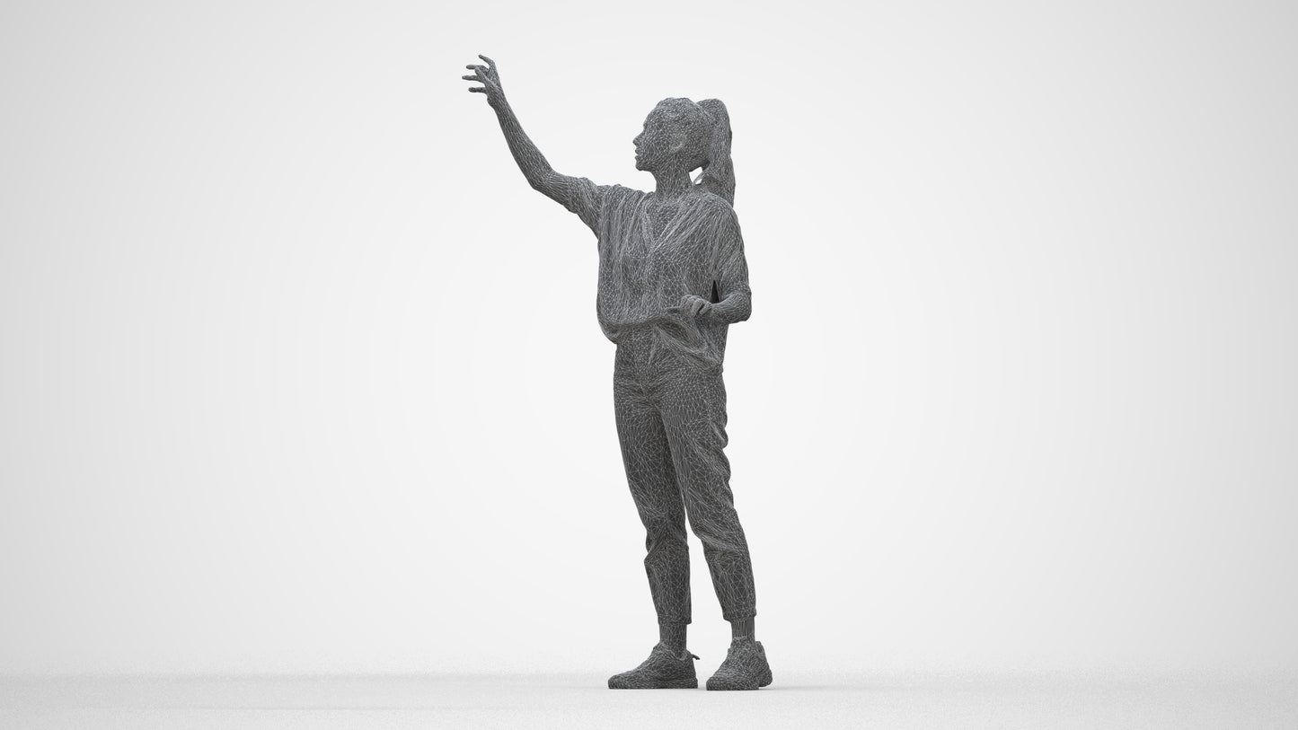 3D scanned woman standing casual, photorealistic archviz people for Enscape and SketchUp, wireframe back view