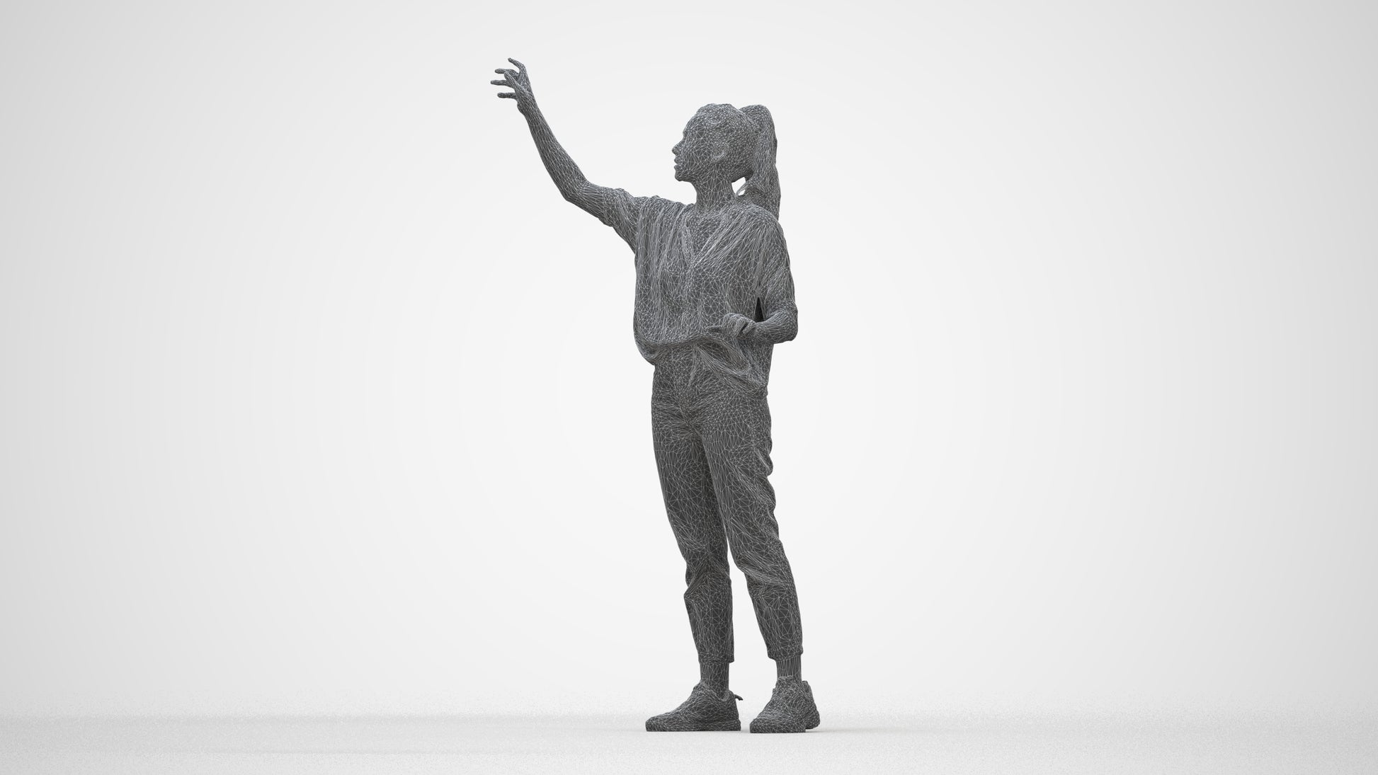 3D scanned woman standing casual, photorealistic archviz people for Enscape and SketchUp, wireframe back view