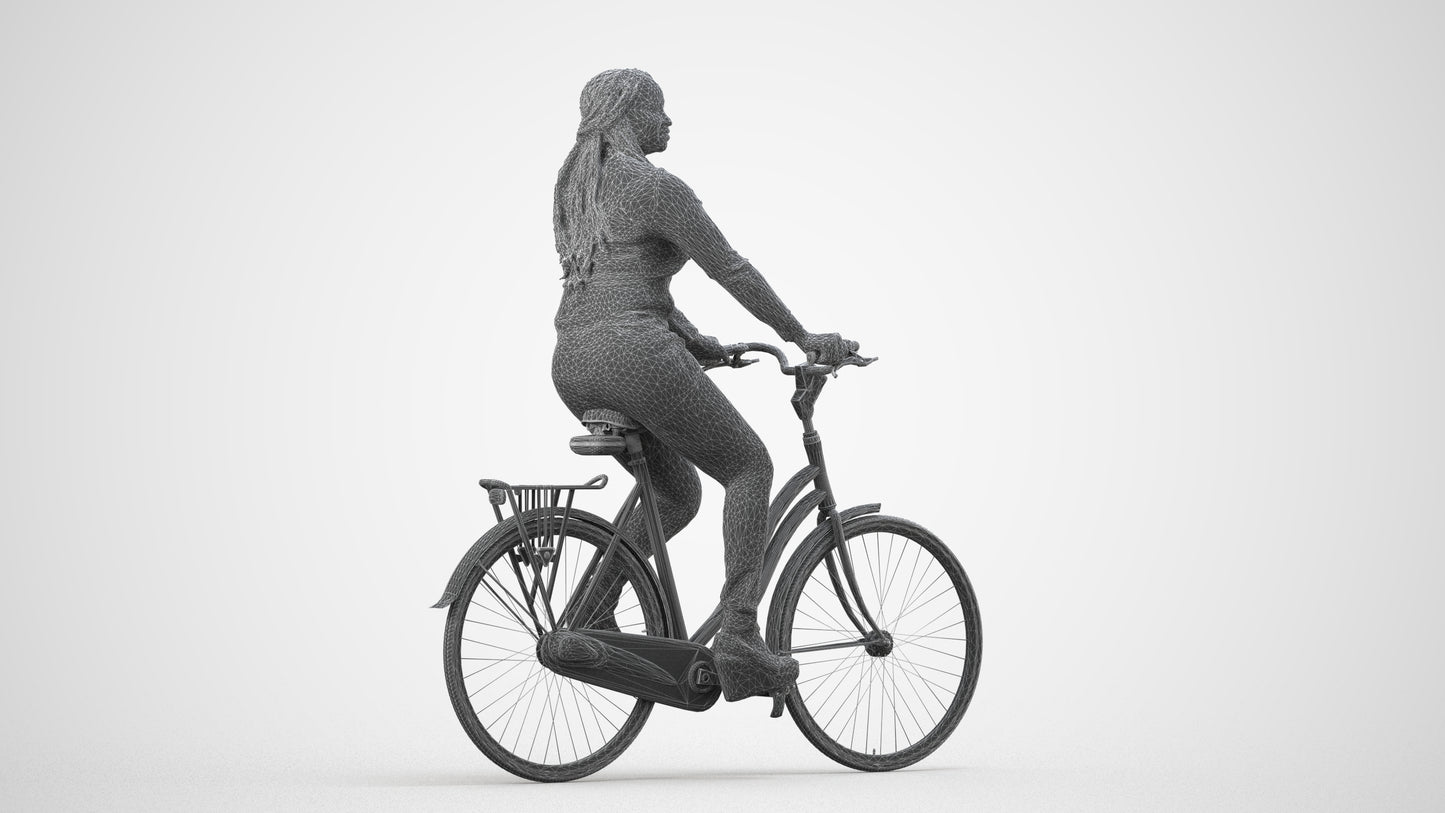 3D human model woman casual cycling, photogrammetry scanned person for archviz, wireframe side view