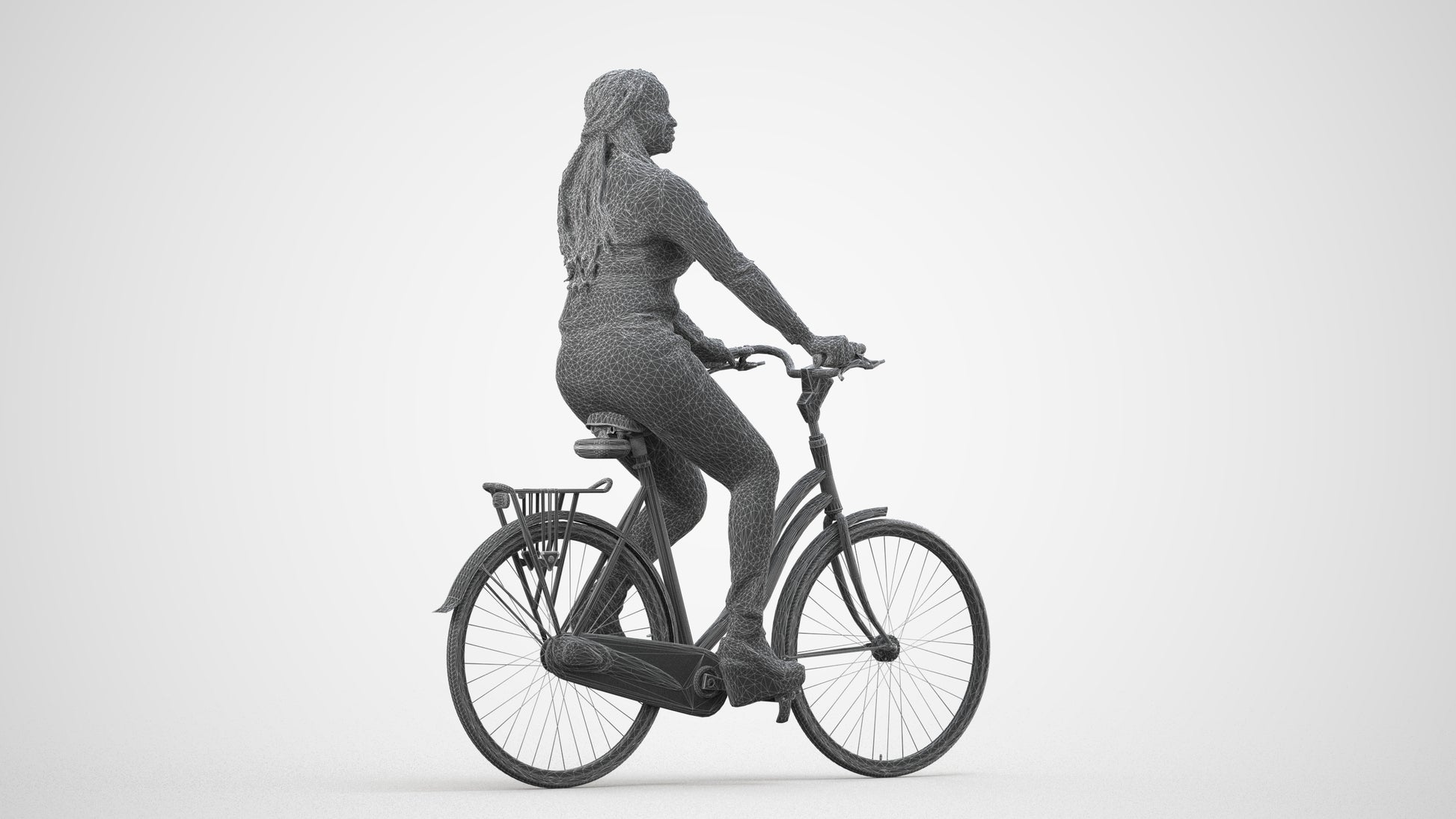 3D human model woman casual cycling, photogrammetry scanned person for archviz, wireframe side view