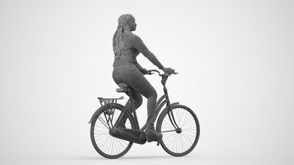 3D human model woman casual cycling, photogrammetry scanned person for archviz, wireframe side view
