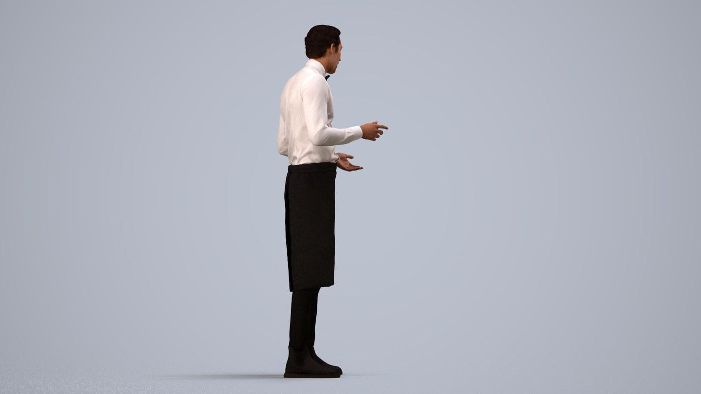 photogrammetry 3D man hospitality, realistic human model archviz FBX, side view render