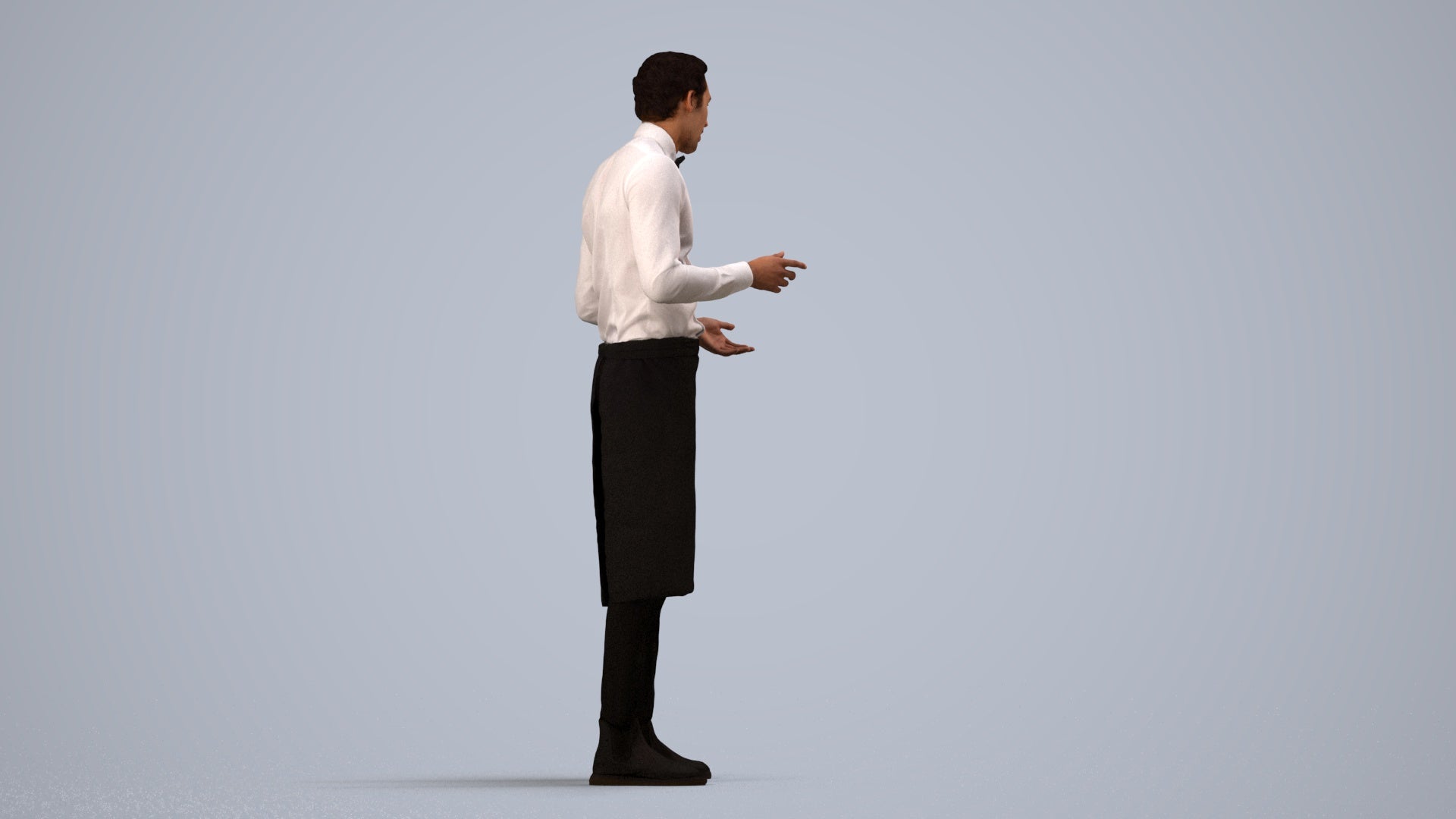 photogrammetry 3D man hospitality, realistic human model archviz FBX, side view render