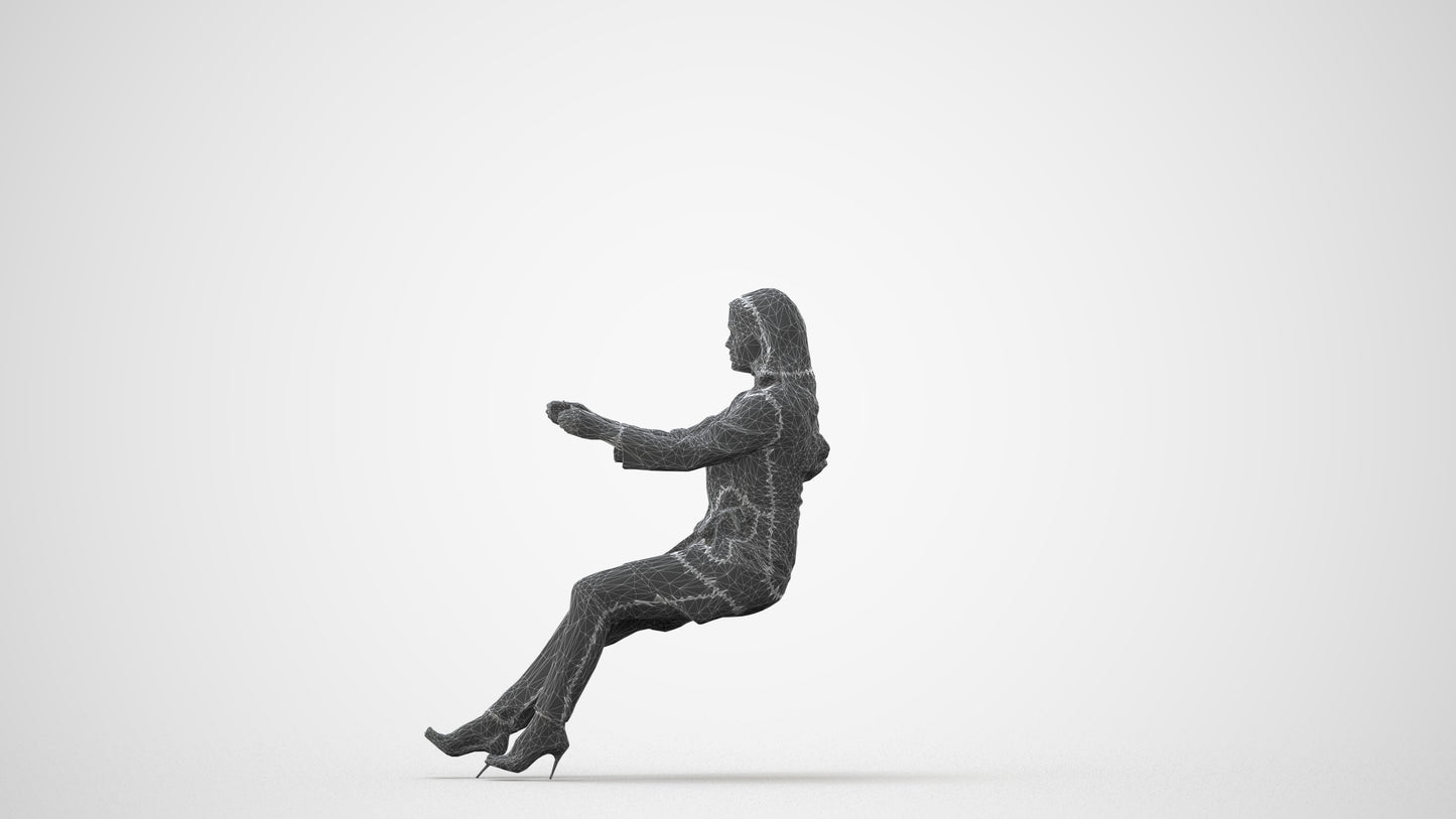3D human model woman business sitting, photogrammetry scanned person for archviz, square thumbnail