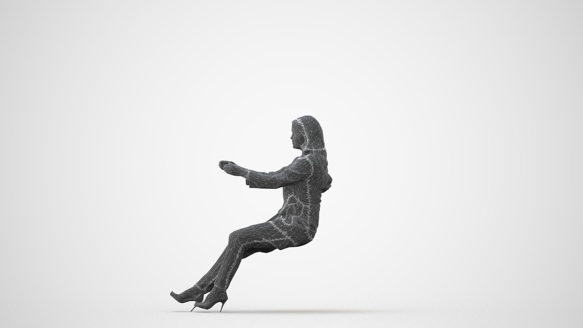 3D human model woman business sitting, photogrammetry scanned person for archviz, square thumbnail