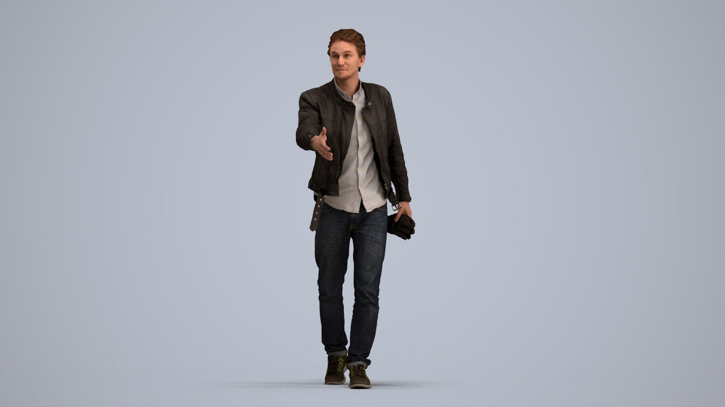3D human model man casual walking, photogrammetry scanned person for archviz, standing pose render
