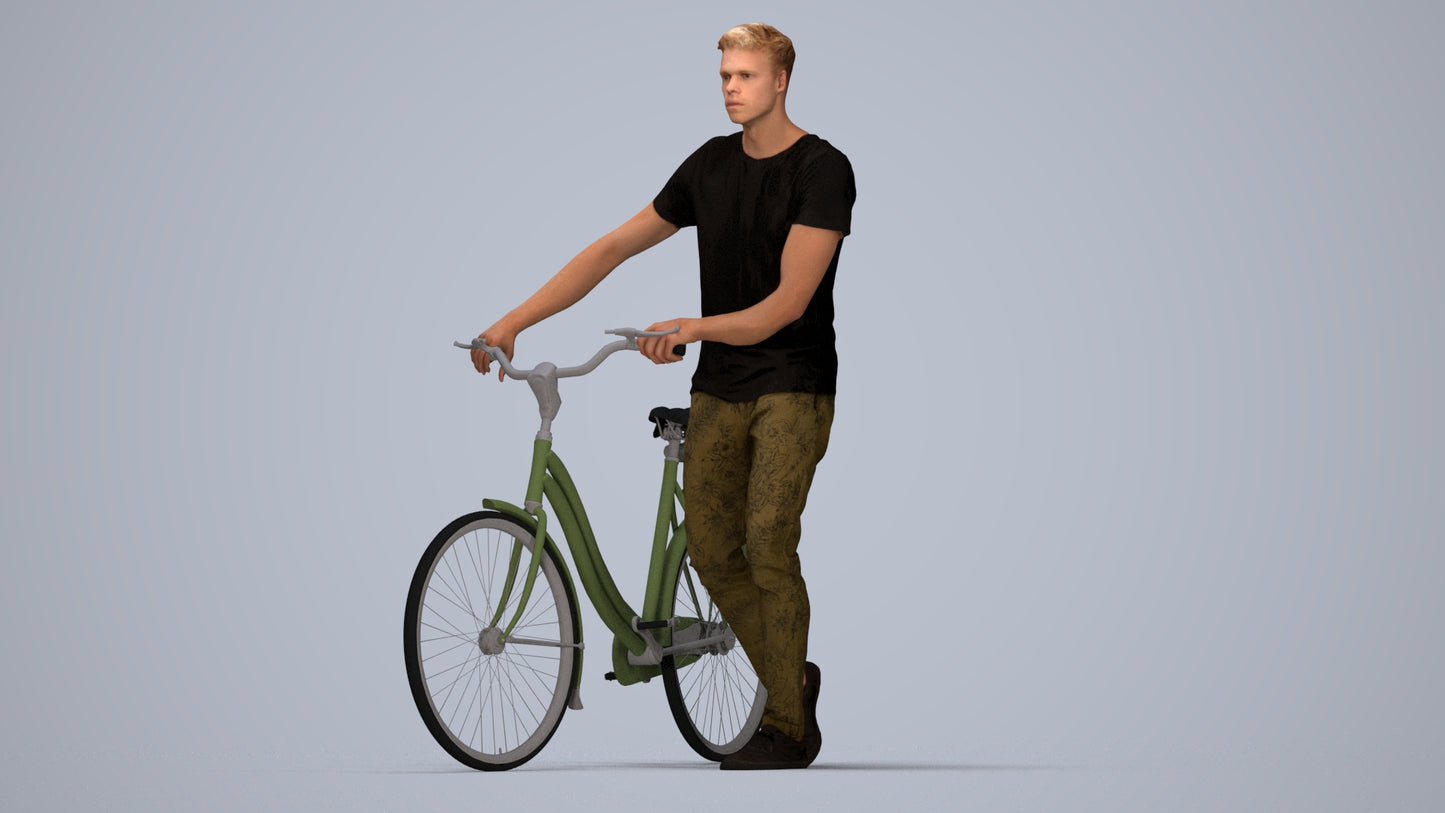 realistic 3D people man casual cycling, render-ready for V-Ray and Corona, FBX OBJ, top-down view render