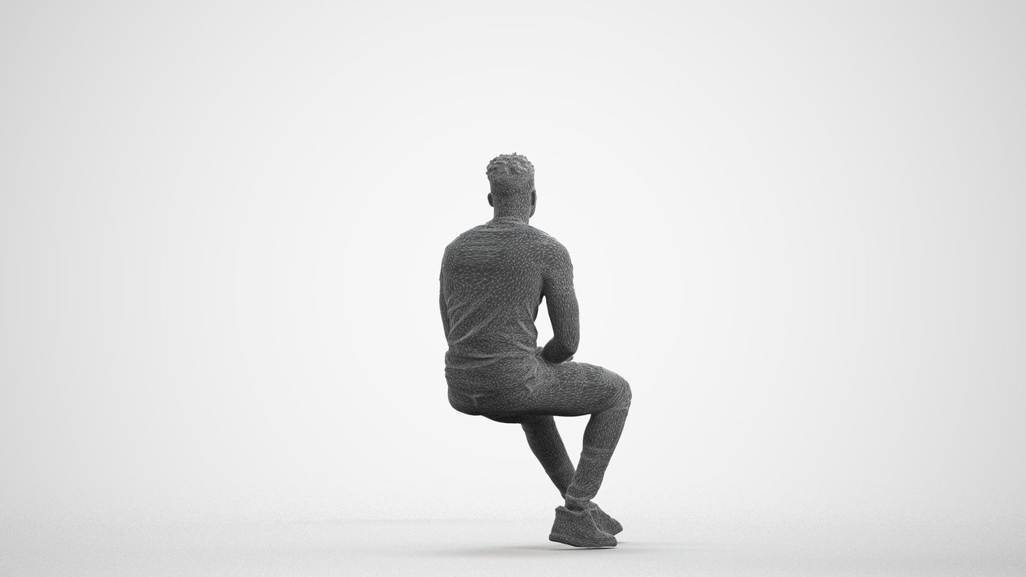 3D scanned man sitting casual, photorealistic archviz people for Enscape and SketchUp, wireframe front view